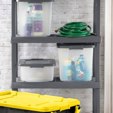Sterilite ShelfTote transparent bin contents visible on a shelf.
