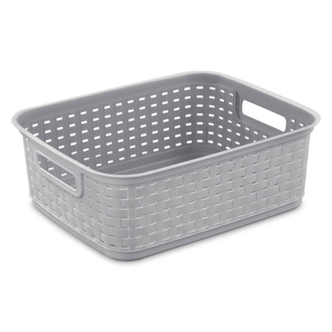 Sterilite short plastic weave basket on countertop for easy grab-and-go storage.