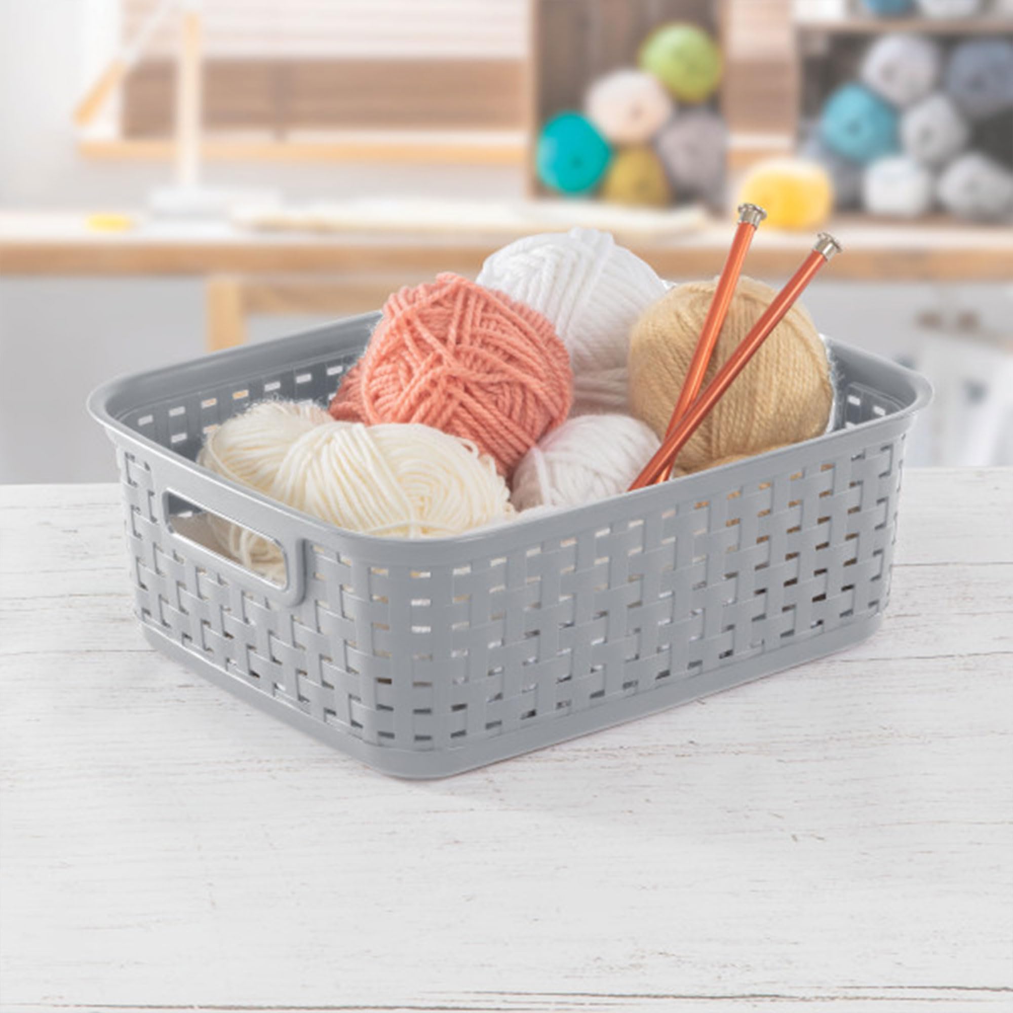 Sterilite short plastic weave basket for crafts and jewelry storage.