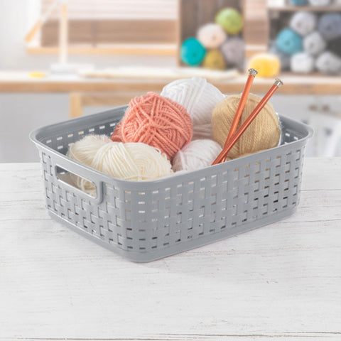 Sterilite short plastic weave basket for crafts and jewelry storage.