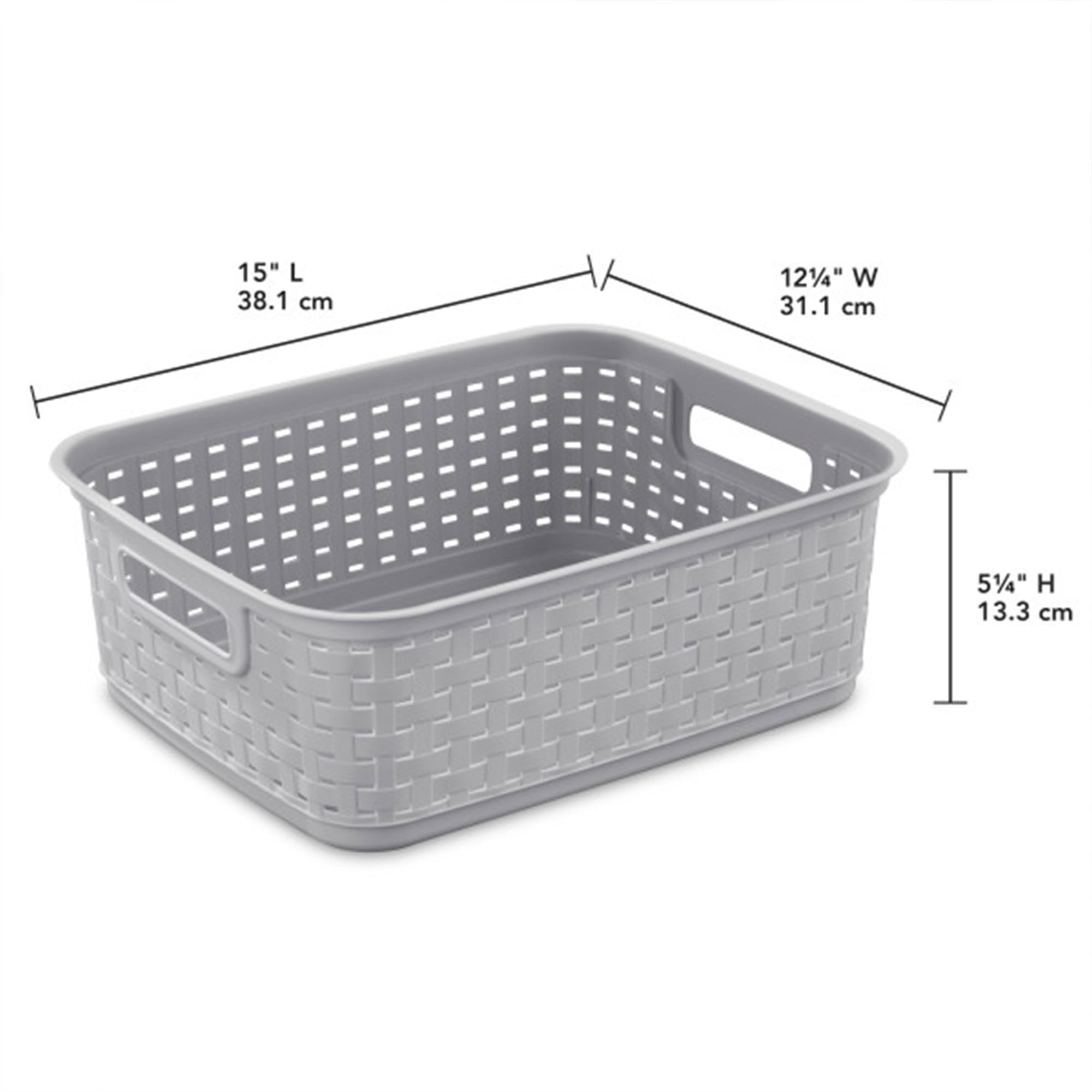 Sterilite short plastic weave basket gray weave close-up highlighting ventilation.