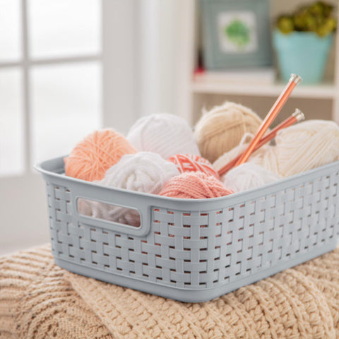 Sterilite short plastic weave basket six-pack storage in a single image.