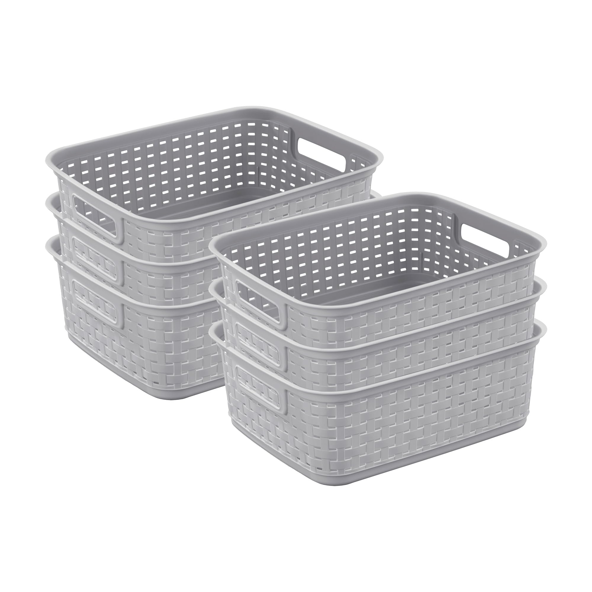 Sterilite short plastic weave basket overview showing gray bins for countertop organization.