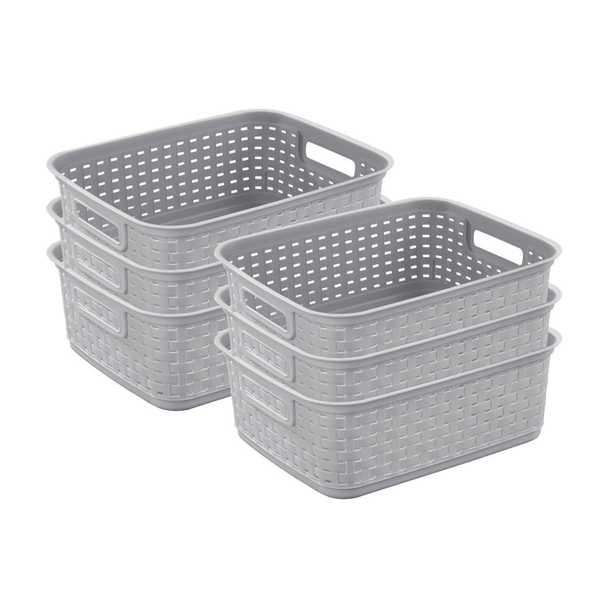 Sterilite short plastic weave basket overview showing gray bins for countertop organization.