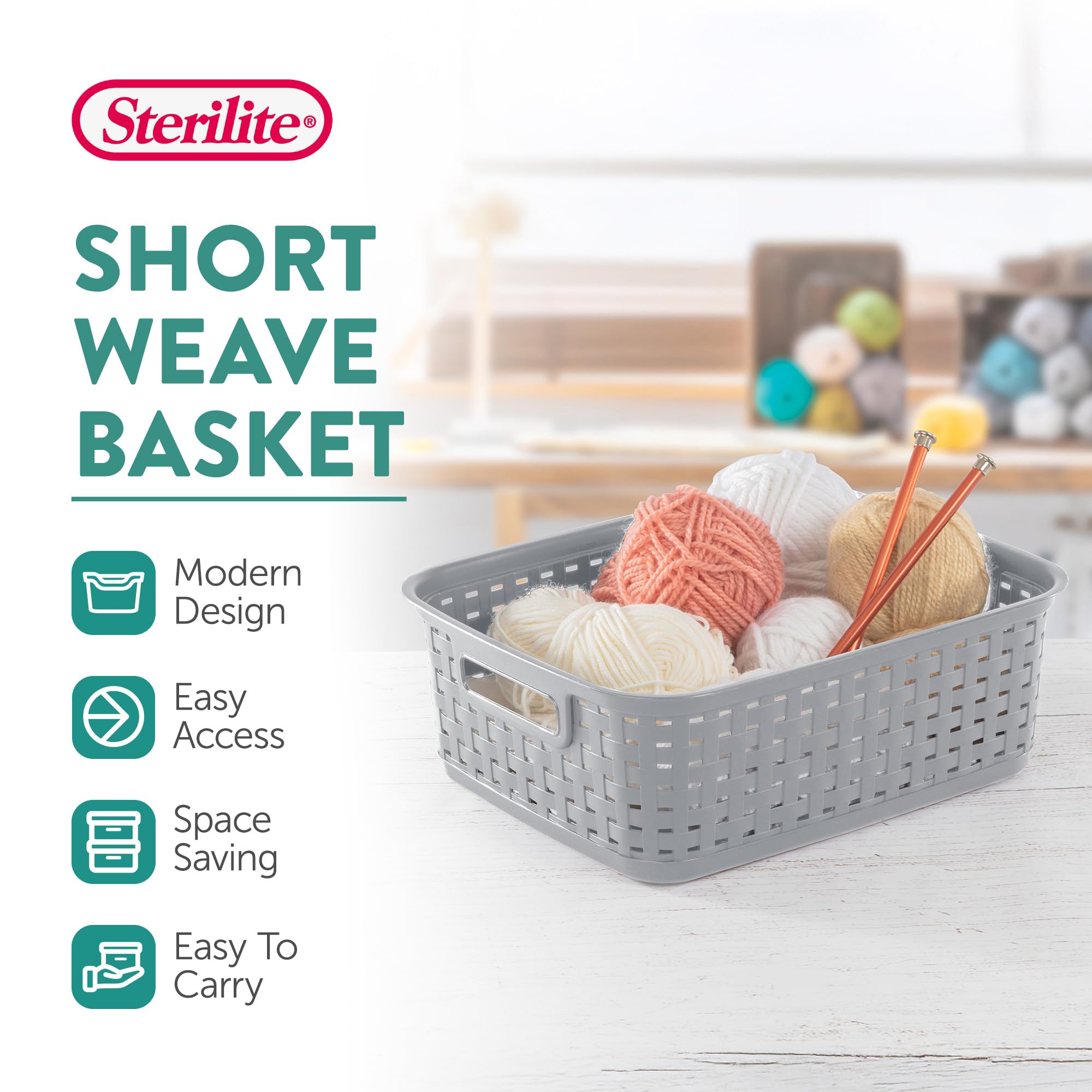 Sterilite short plastic weave basket on a shelf for breathable organization.