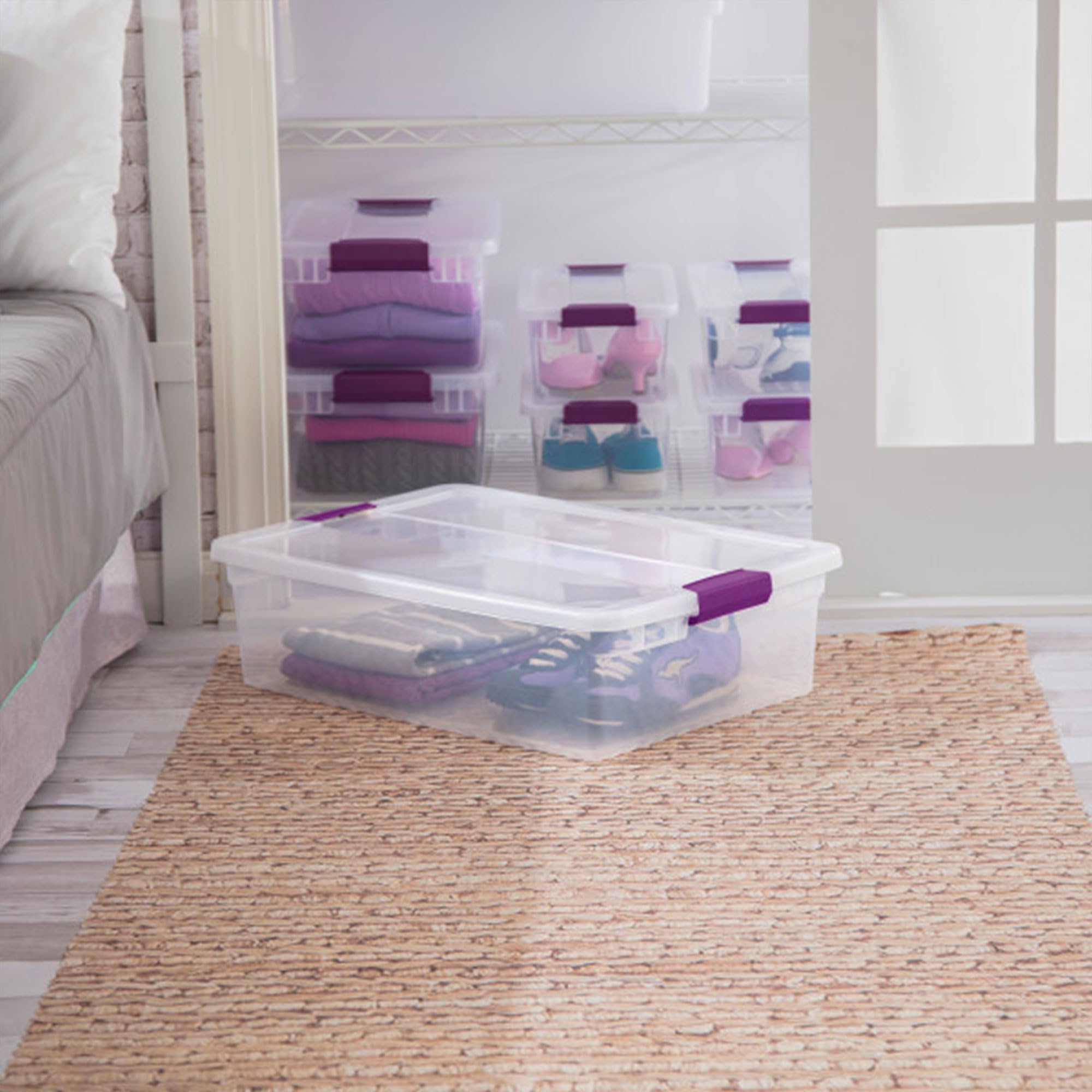 Sterilite stackable bin on shelf enables compact storage.