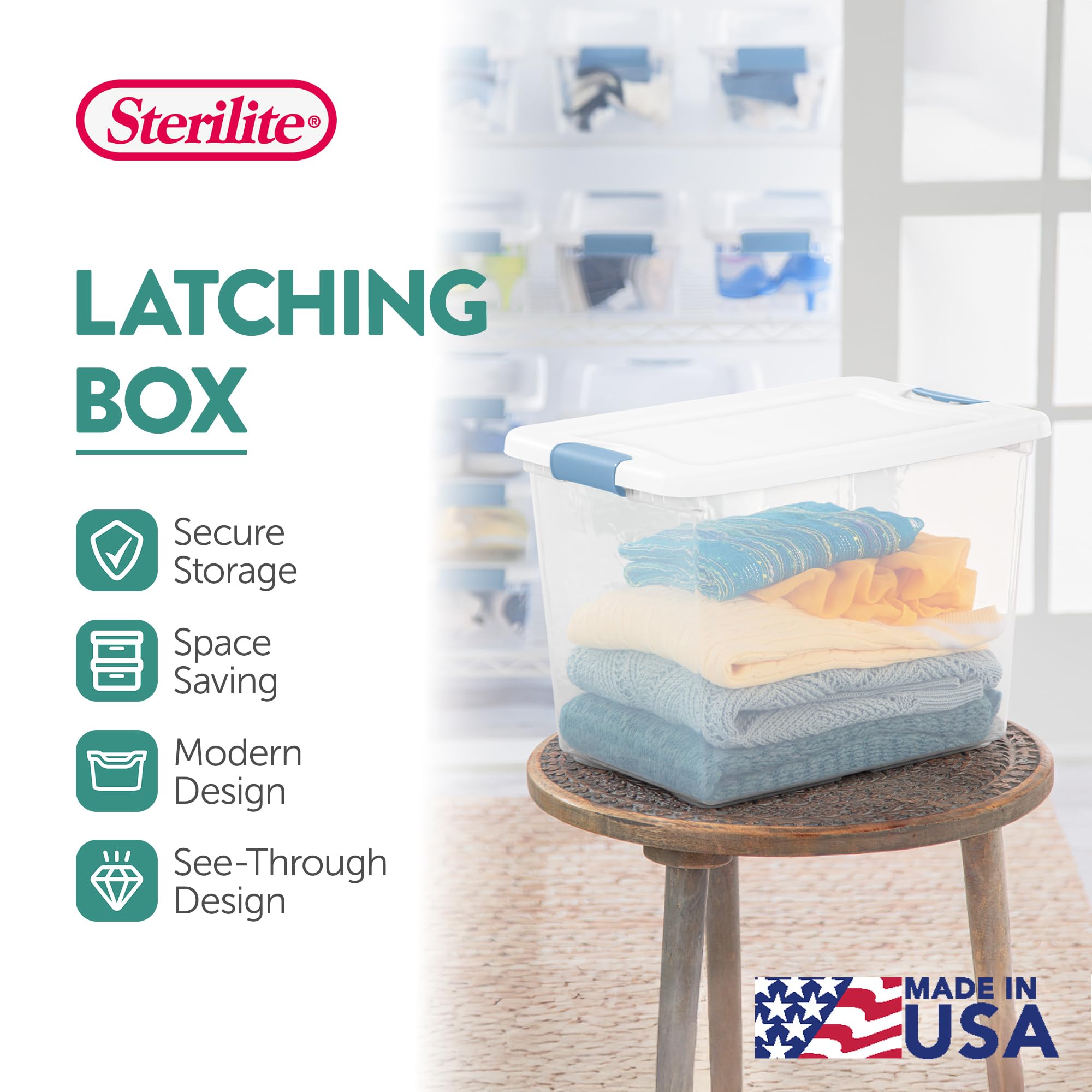 Sterilite stackable clear-base storage box for easy content viewing.
