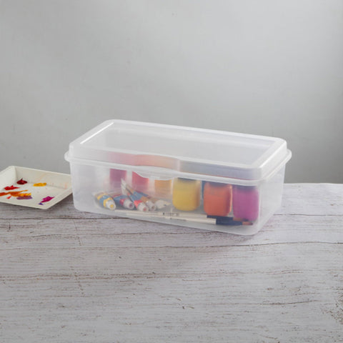 Sterilite stackable design shown on a shelf for vertical storage.