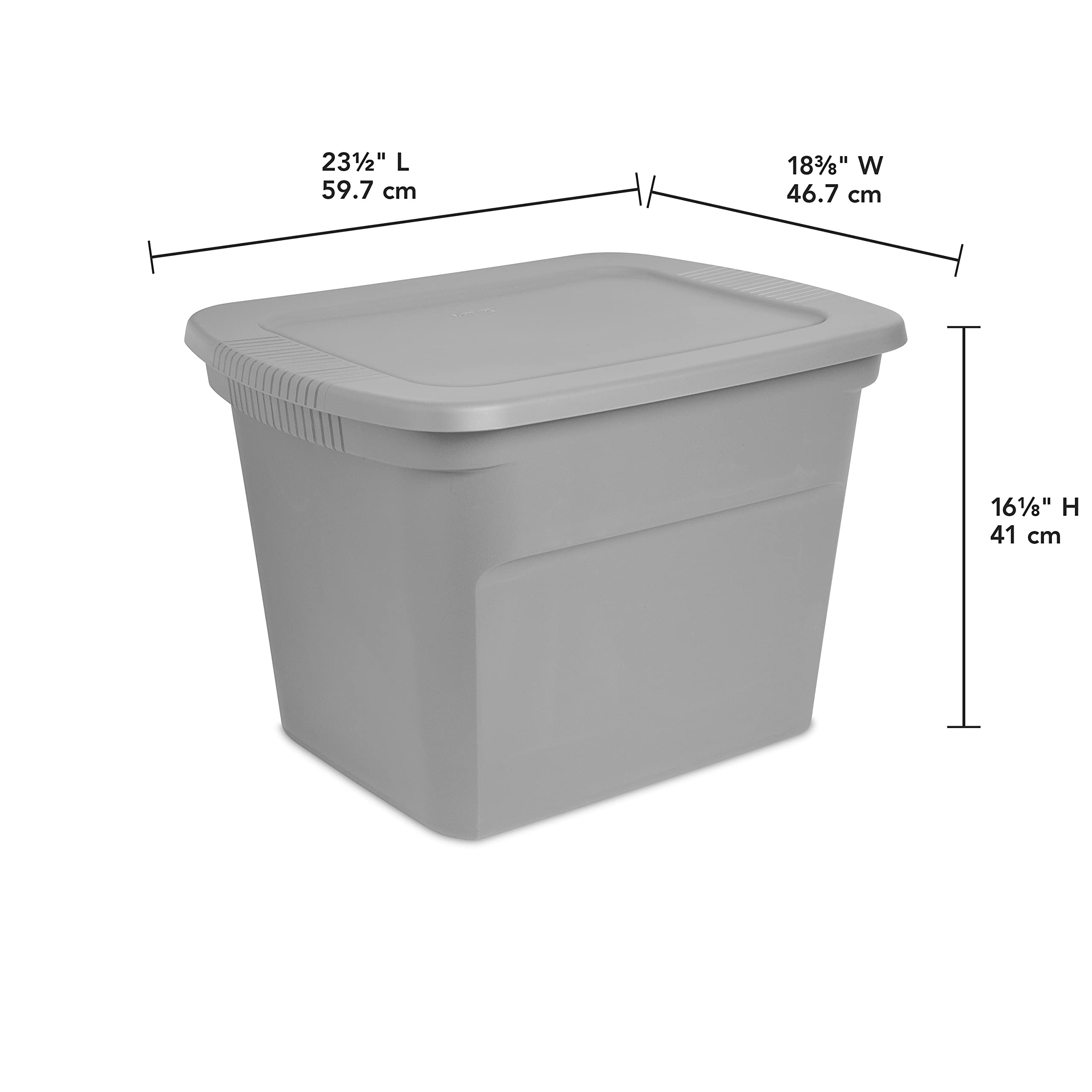 Sterilite stackable tote with lid saves vertical closet space efficiently.