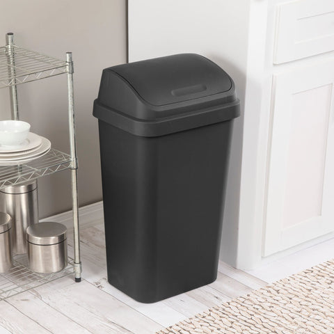 Sterilite SwingTop 13-gallon wastebasket for kitchen or garage, versatile use.