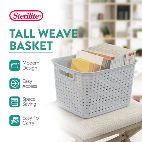 Sterilite tall weave basket in a bathroom essentials setup keeps small items within reach.