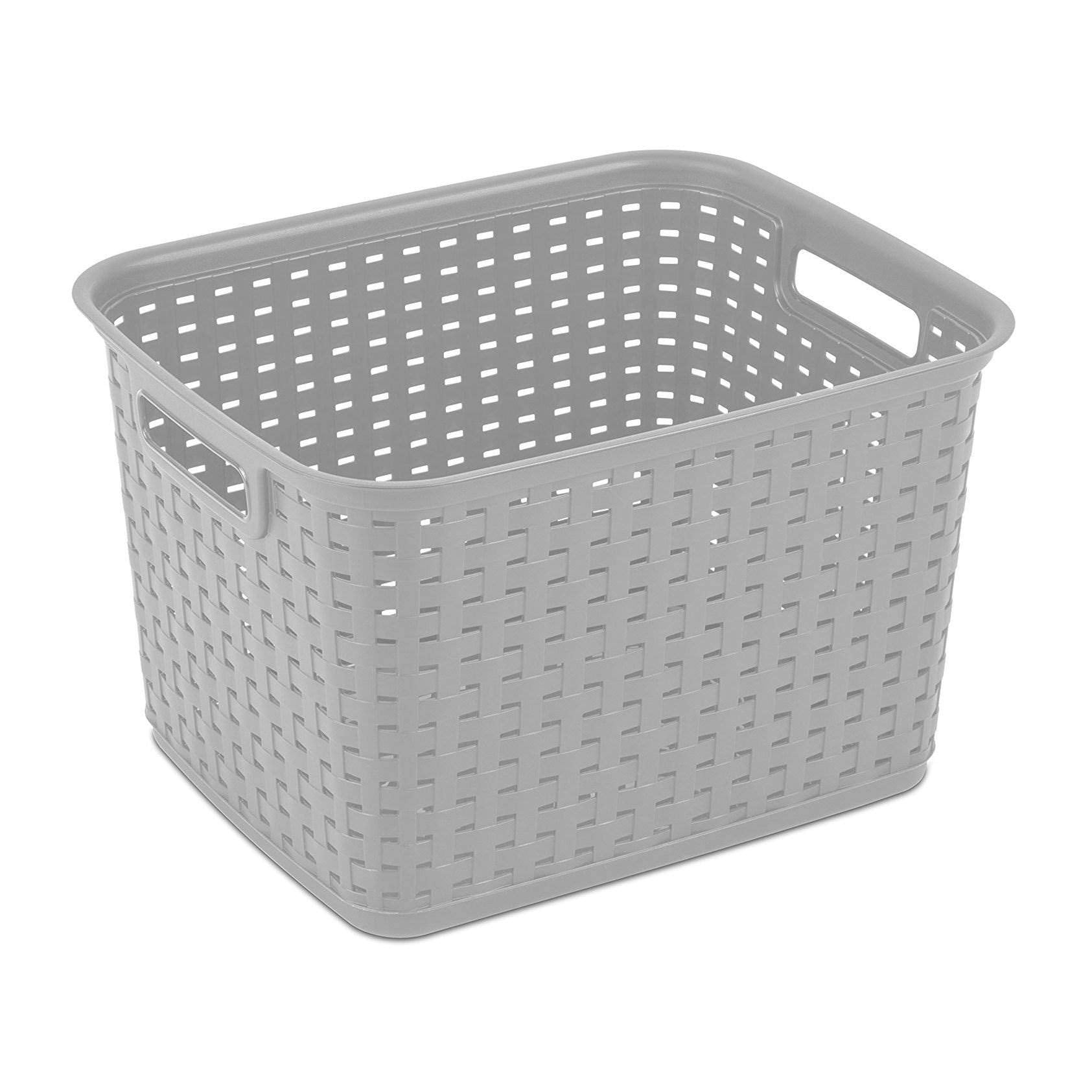 Sterilite tall weave basket in a dorm room organizing setup offers easy handling.