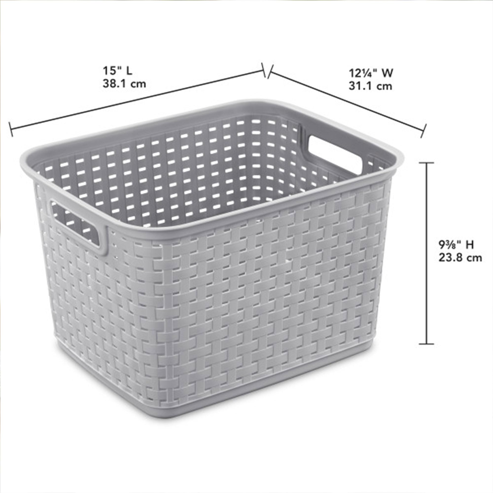 Sterilite cement gray woven basket on a shelf adds style while decluttering.