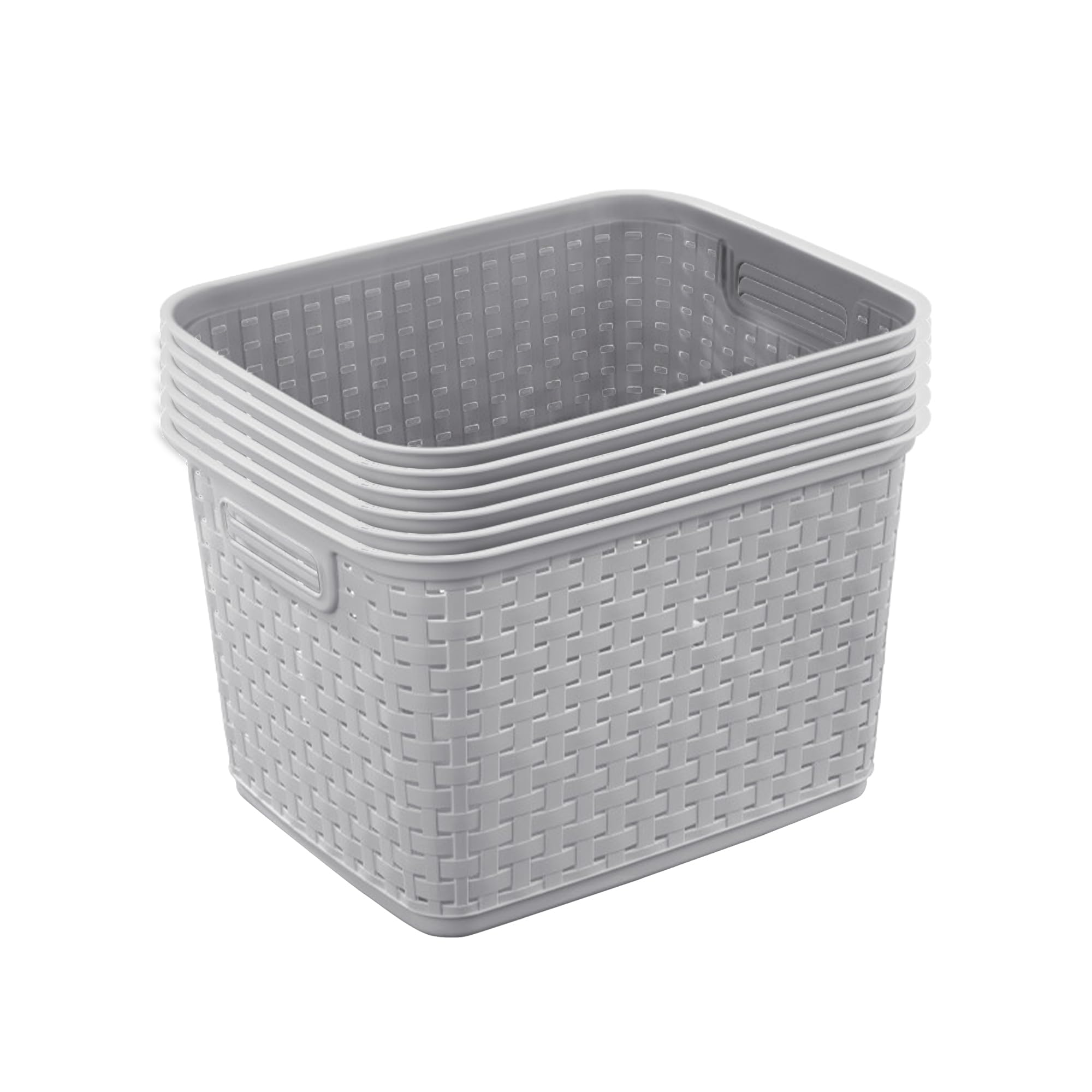 Sterilite tall weave basket with handles for easy transport and organized storage.