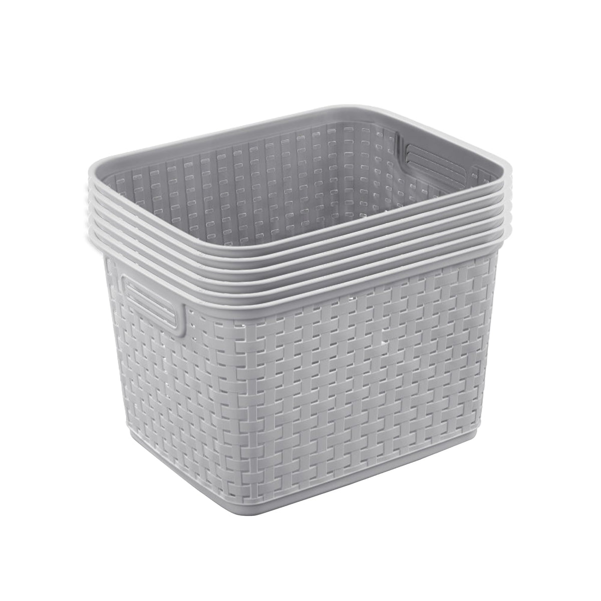 Sterilite tall weave basket with handles for easy transport and organized storage.