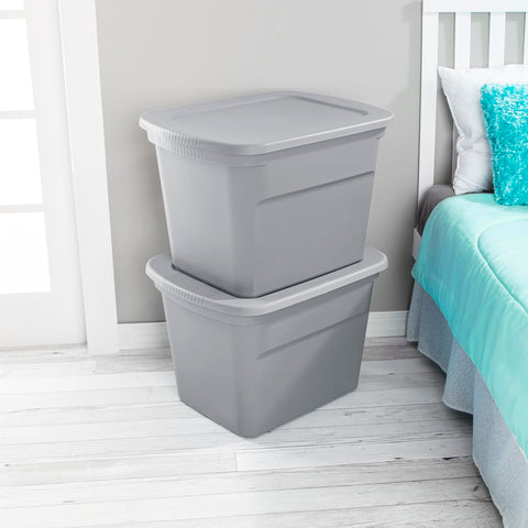 Sterilite tote in closet setup keeps seasonal décor neatly organized.