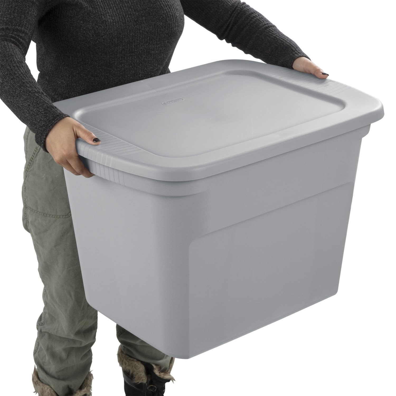 Sterilite tote with molded handles for easy transport of items.