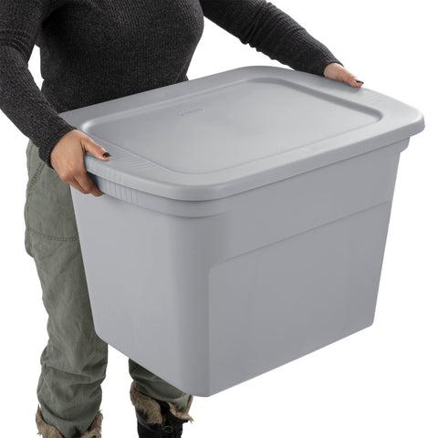 Sterilite tote with molded handles for easy transport of items.