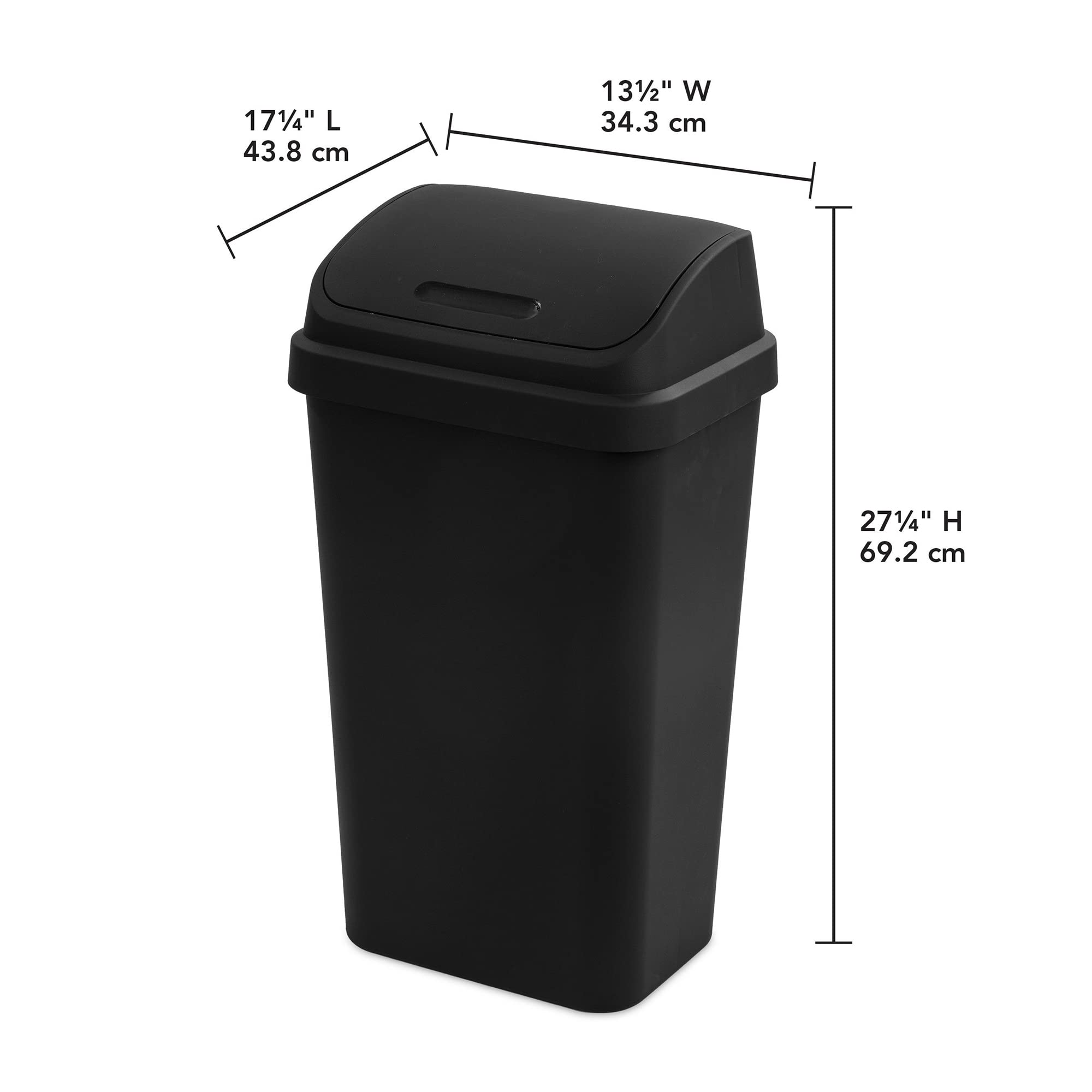 Sterilite 10899004 black swingtop wastebasket, side view for kitchen use.