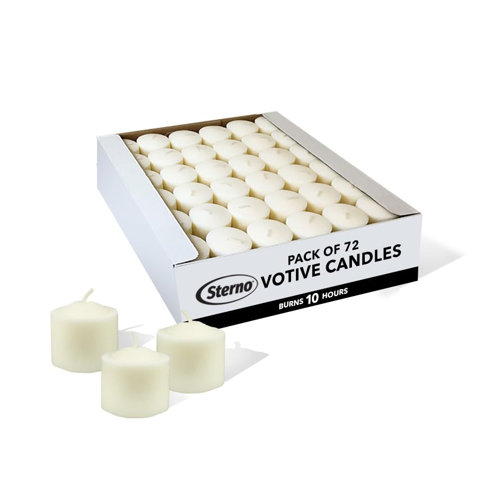 Sterno 72-pack votive candles provide a 10-hour glow for centerpieces.