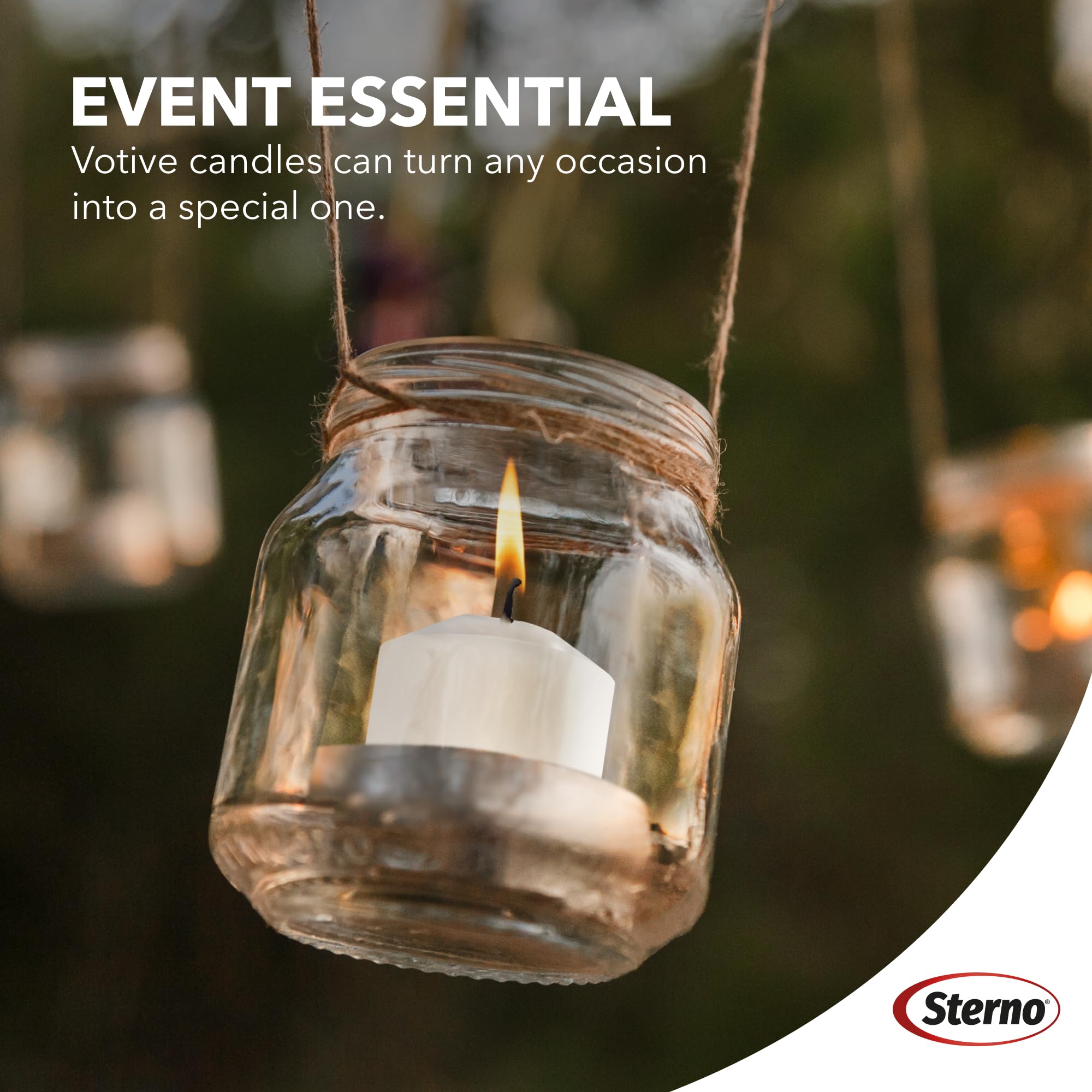 Sterno votive candles suitable for indoor and outdoor table lighting.