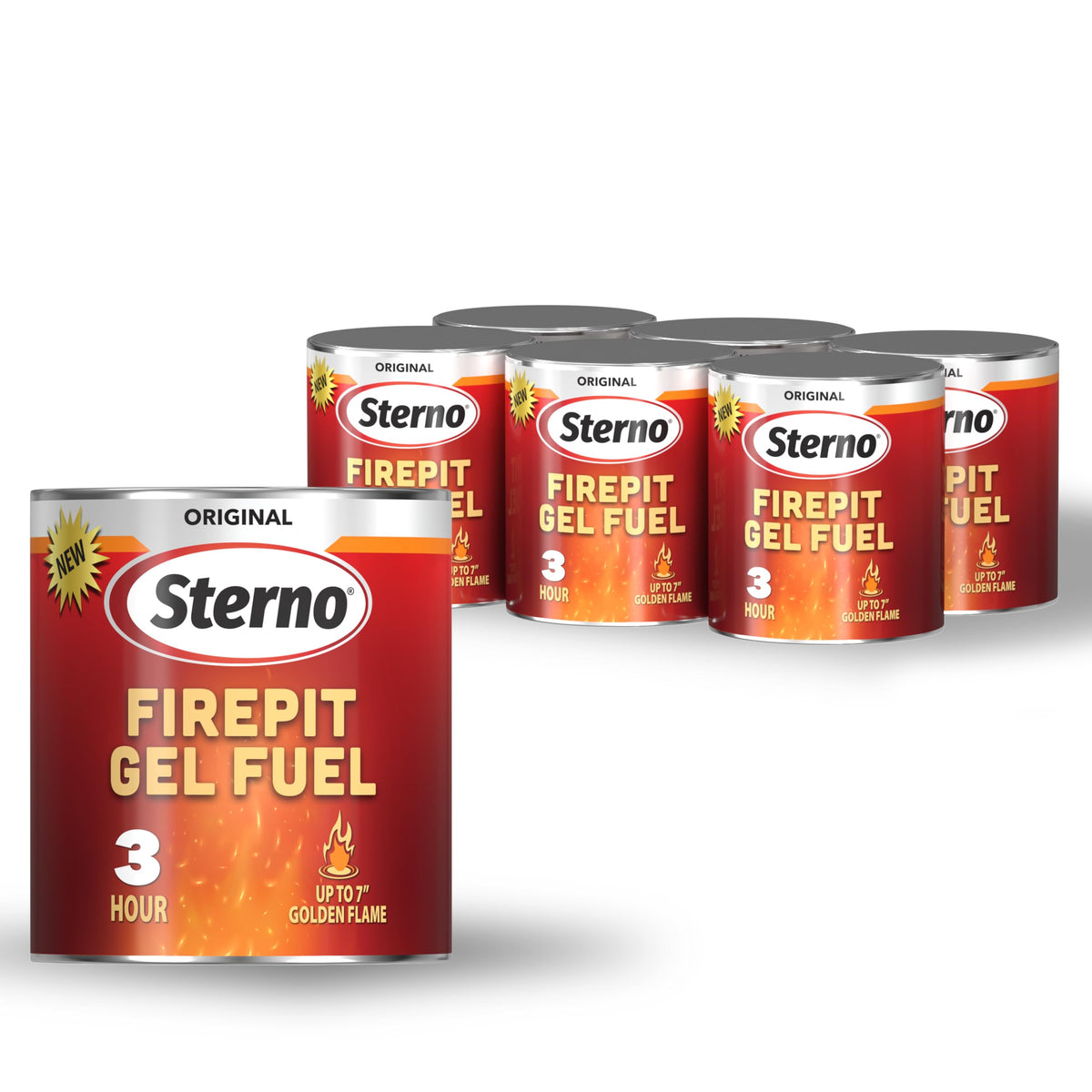 Sterno Fire Pit Gel Fuel with a golden flame, ideal for long outdoor ambiance.