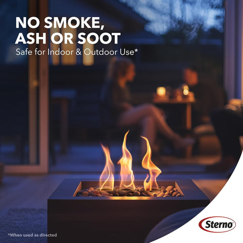 Sterno Fire Pit Gel Fuel safe for indoor and outdoor use on heat-resistant surfaces.