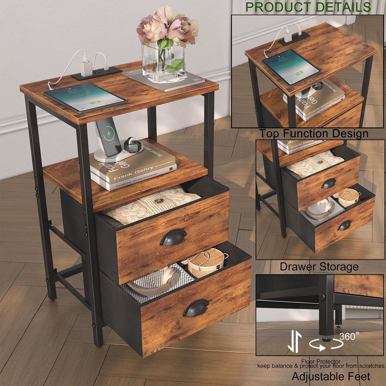 Sthmec nightstand sits on adjustable feet to protect floors and stay level.