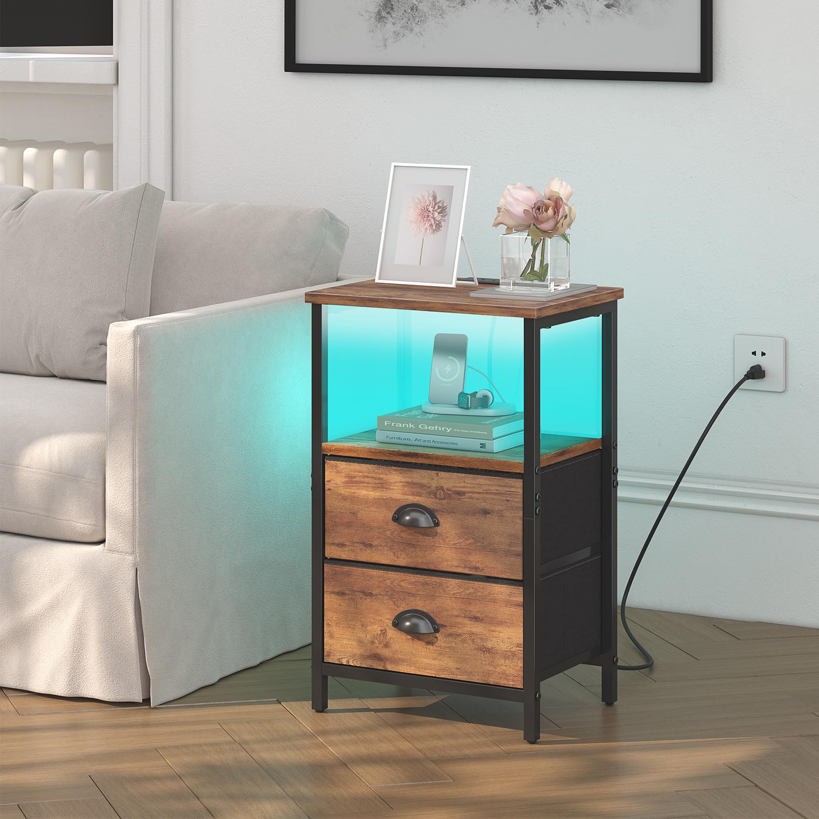 Sthmec nightstand with LED light strip adds ambient glow beside the bed.