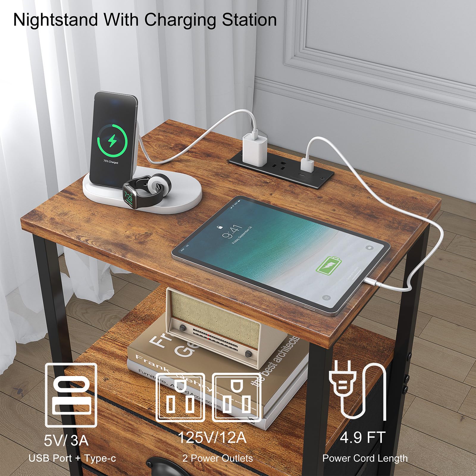 Sthmec industrial-style nightstand with top shelf provides quick-access storage.