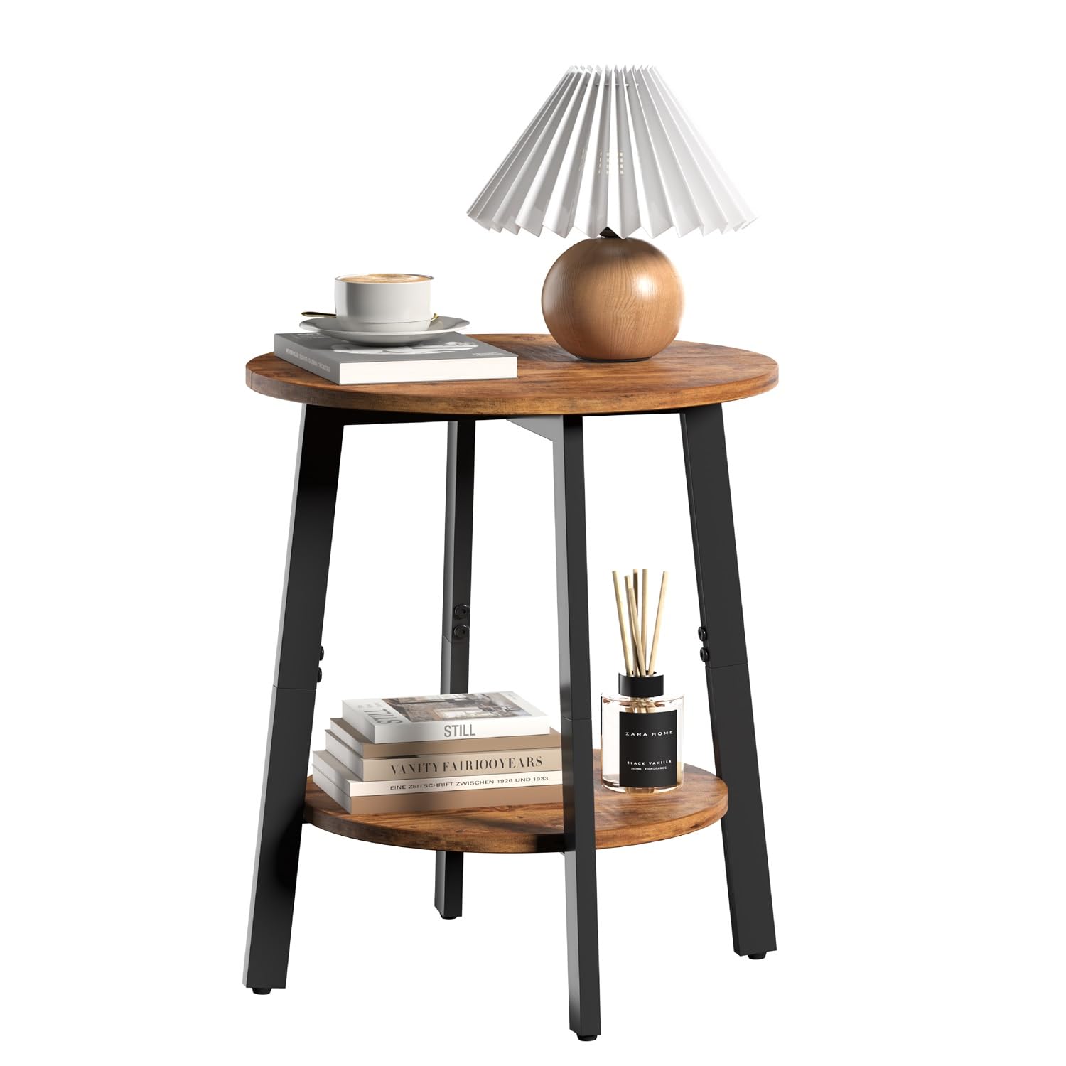 sthmec round end table with storage shelf beside a sofa