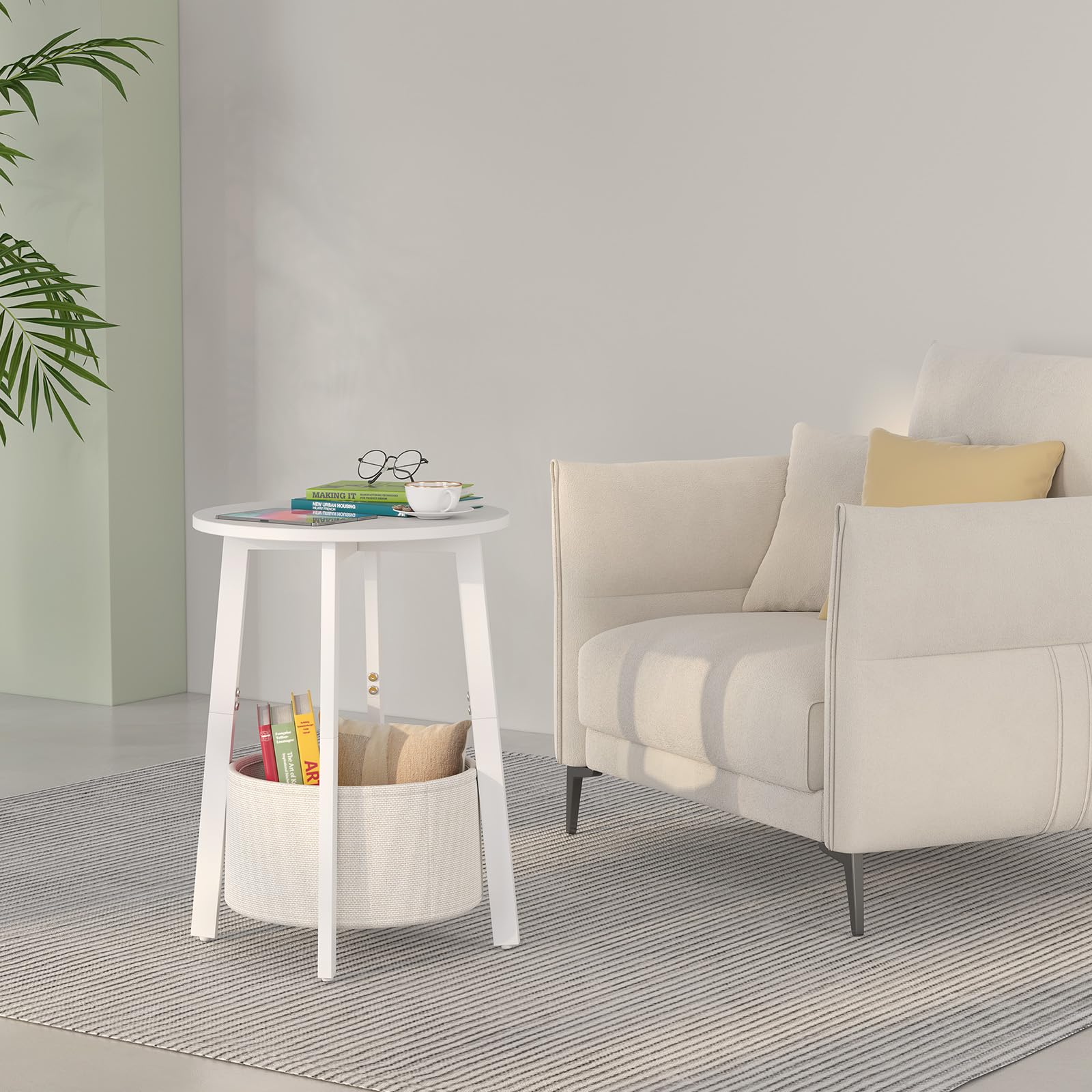 sthmec round end table storage, two-tier setup with items.
