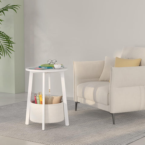 sthmec round end table storage, two-tier setup with items.