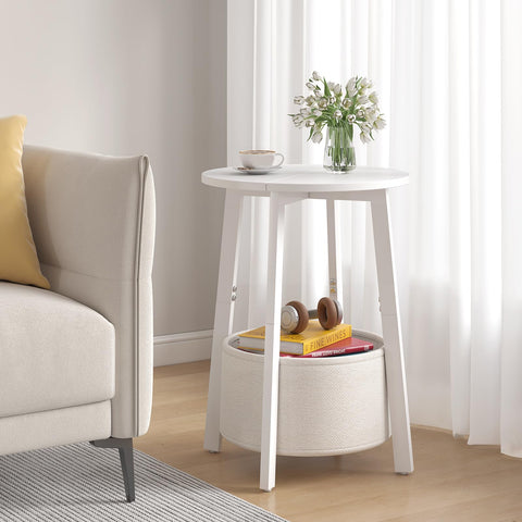 sthmec round end table with basket, side view showing storage option.