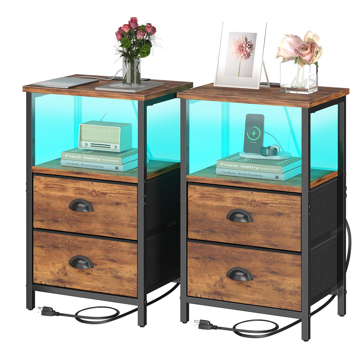 Sthmec rustic brown nightstands 2-pack with 3-tier storage and fabric drawers for clutter-free nights.