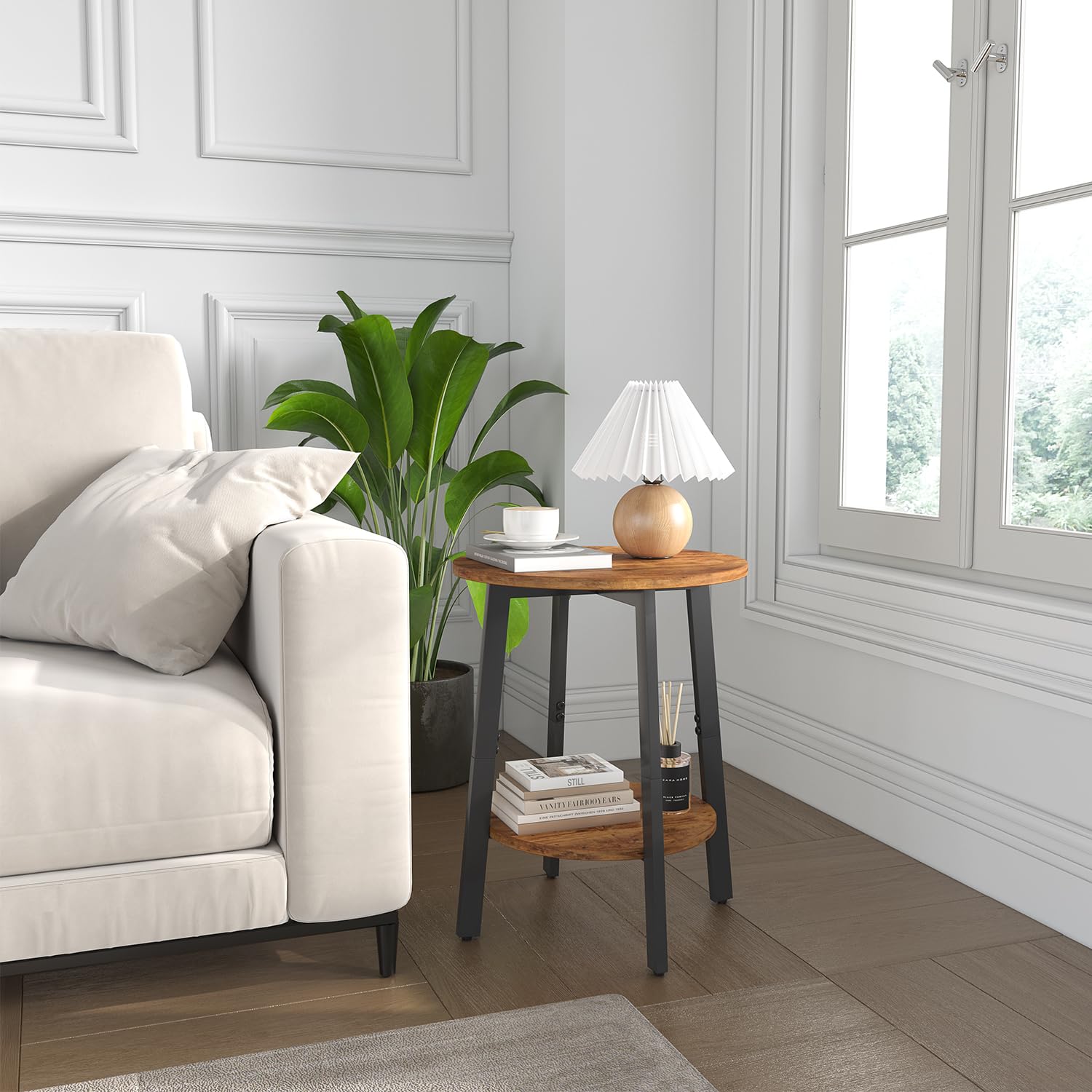 sthmec two-tier nightstand in rustic brown beside the bed.