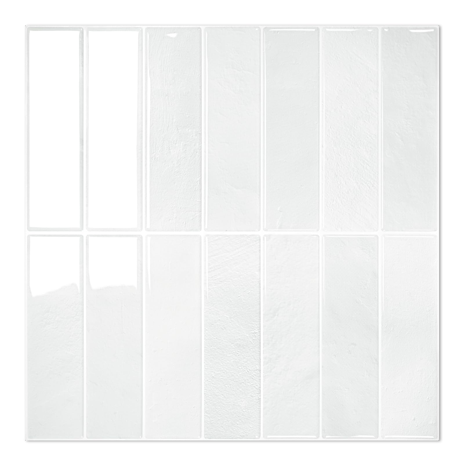 STICKGOO backsplash tiles close-up showing the 10-sheet set and adhesive-ready surface
