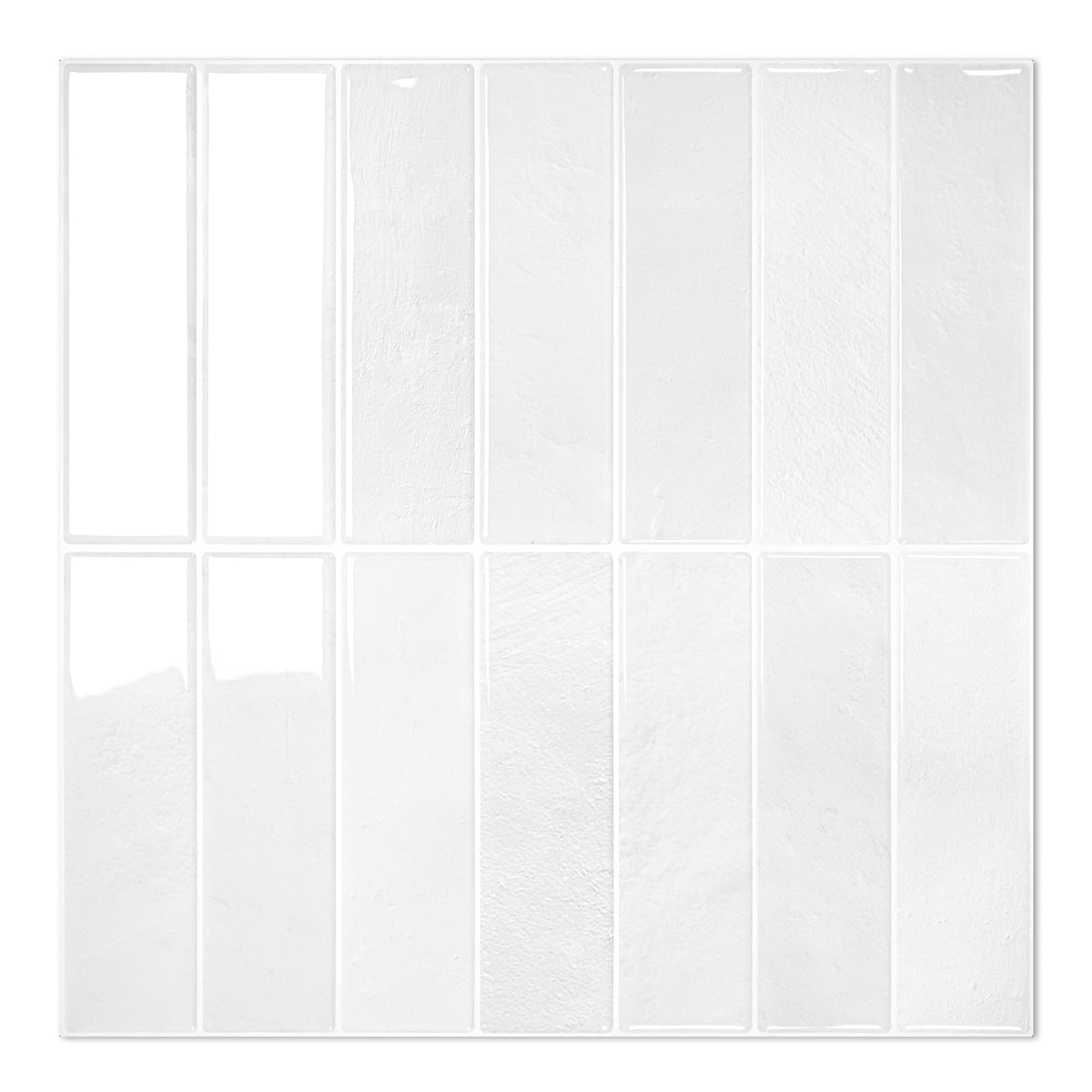 STICKGOO backsplash tiles close-up showing the 10-sheet set and adhesive-ready surface
