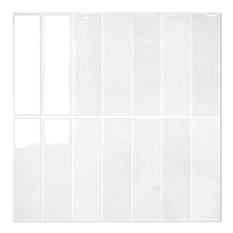 STICKGOO backsplash tiles close-up showing the 10-sheet set and adhesive-ready surface