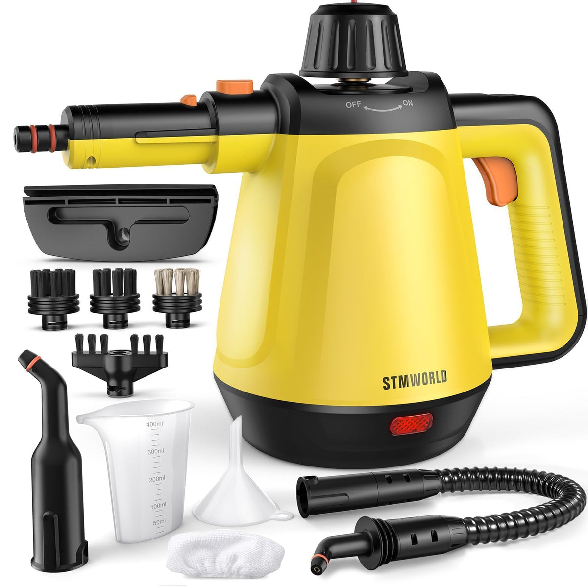 STMWORLD steam cleaner front view showing compact design for quick cleanups.