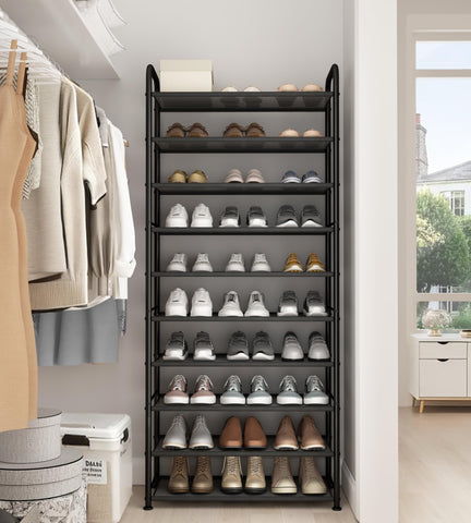 STO STO 10-Tier Shoe Rack boot space feature allows taller items with shelf removal.
