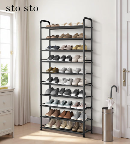STO STO 10-Tier Shoe Rack mesh shelves close-up shows tear-resistant, breathable mesh.