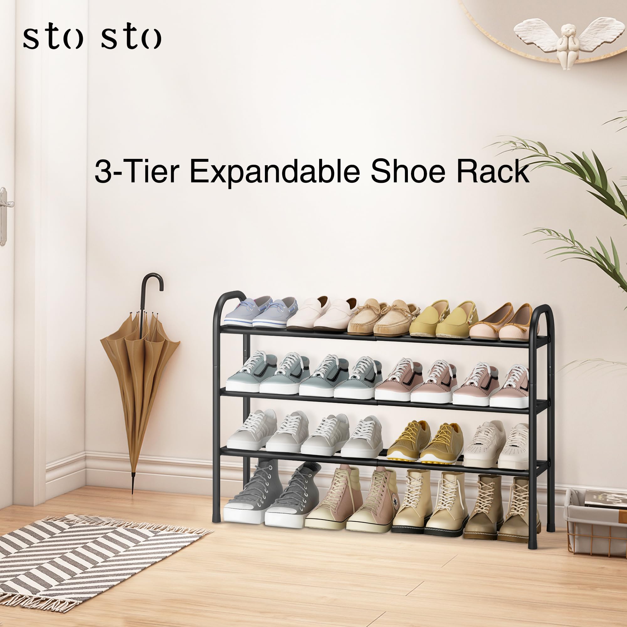 STO STO Expandable Shoe Rack entryway setup highlights sturdy, versatile design