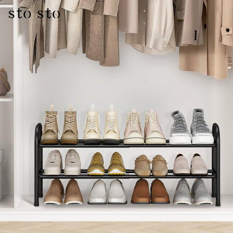 STO STO expandable rack demonstrates under-shelf storage for shoes.