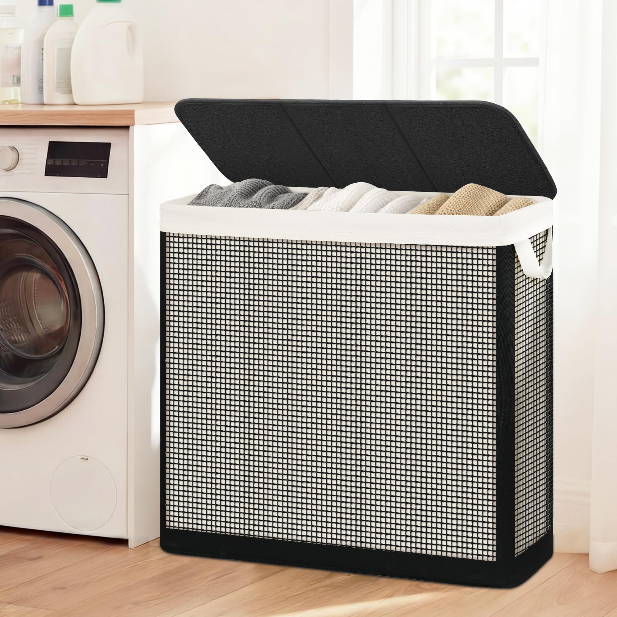 STO STO 180L capacity hamper highlights spacious bin for towels and bedding storage.