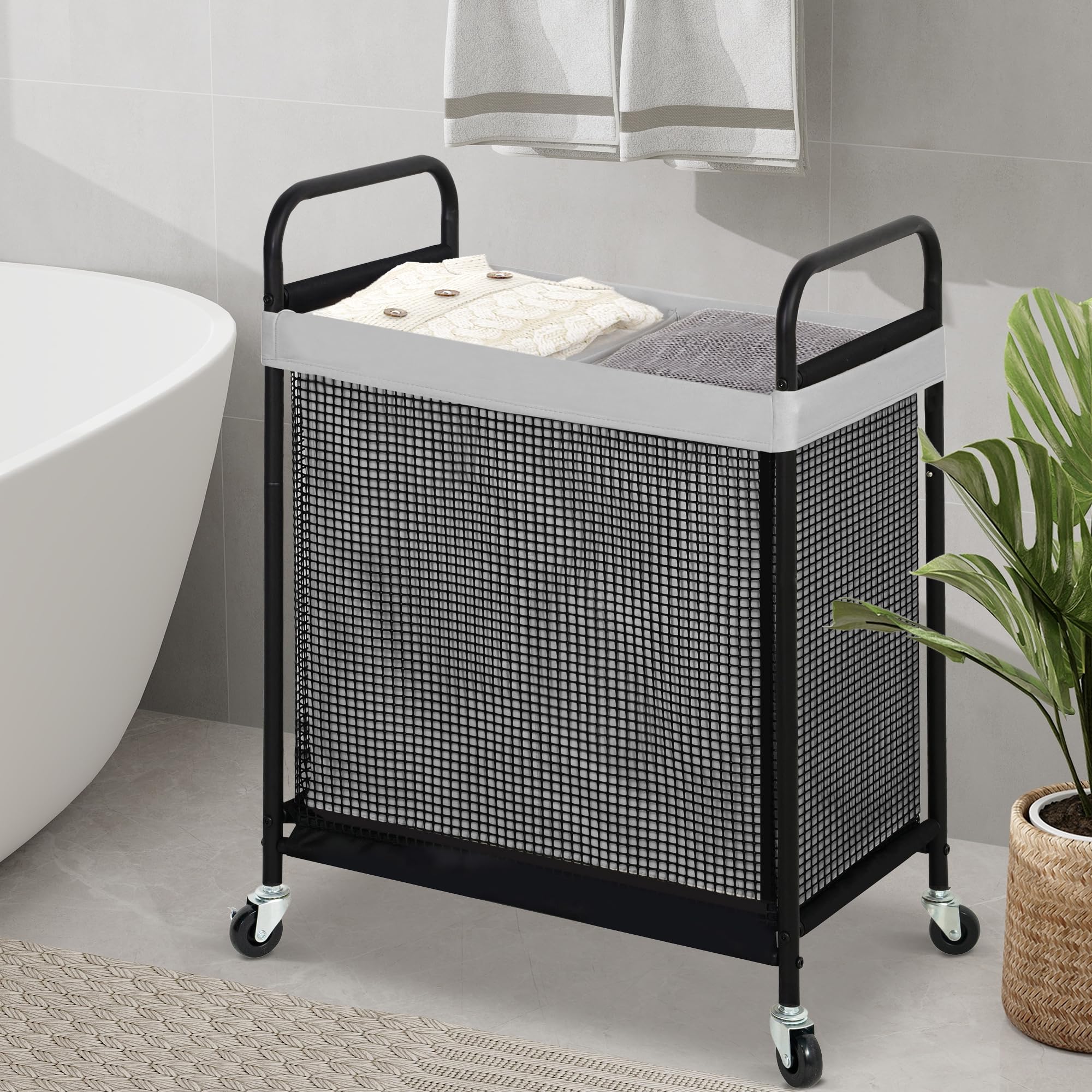 STO STO hamper with upgraded wheels for smooth moves between rooms.