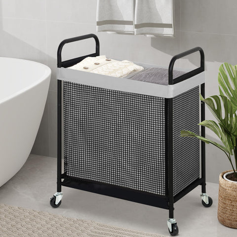 STO STO hamper with upgraded wheels for smooth moves between rooms.