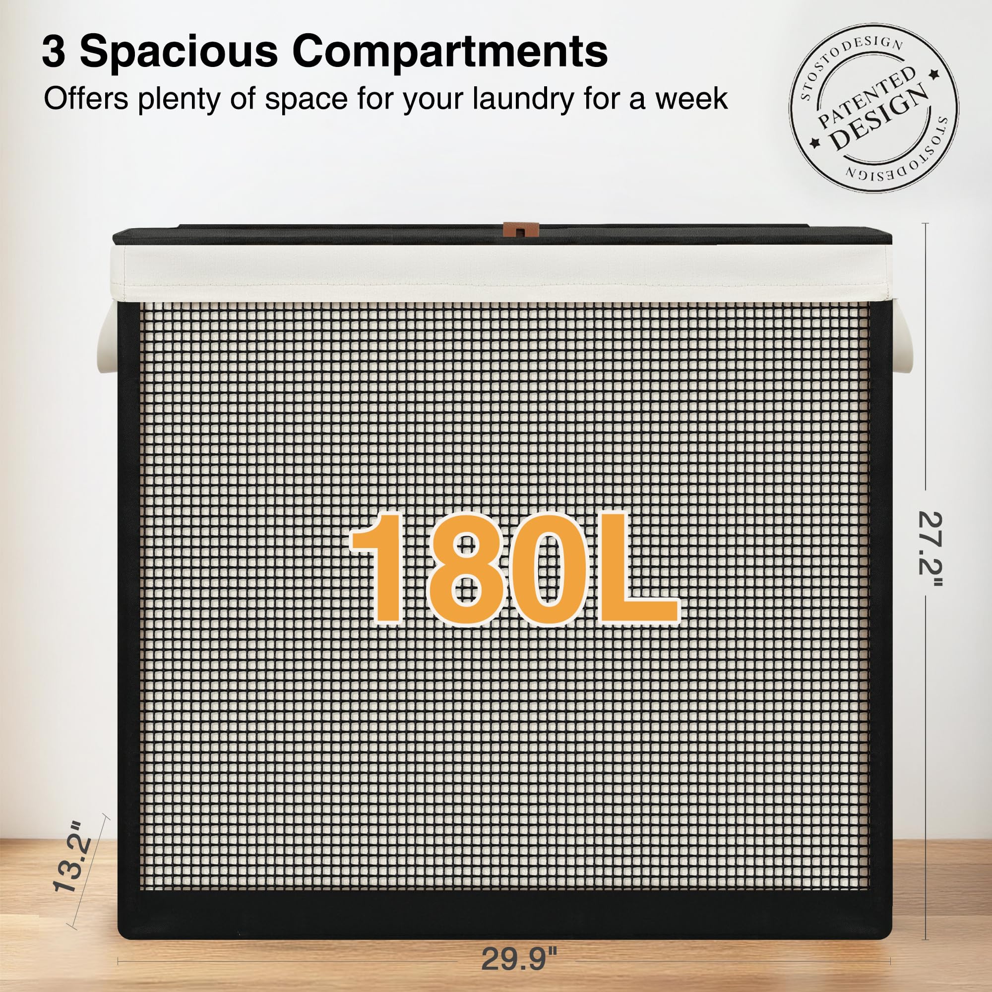 STO STO three-compartment sorter visual promotes light/dark and delicate garment separation.