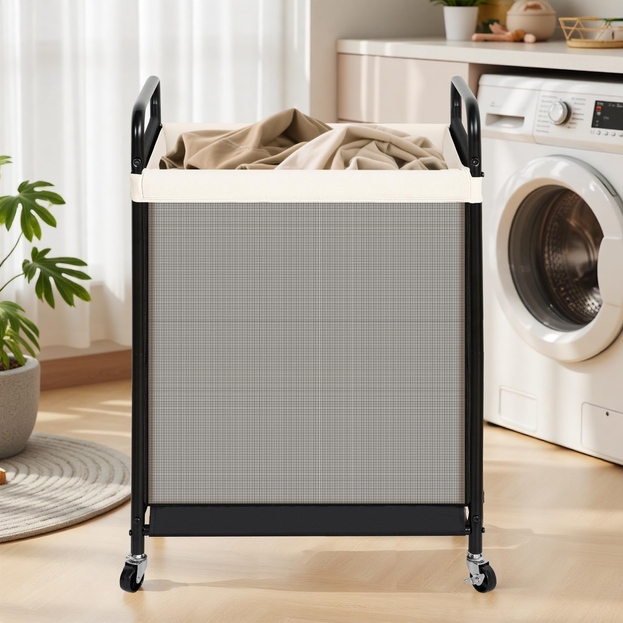 STO STO rolling hamper with canvas liner—removable and machine washable.