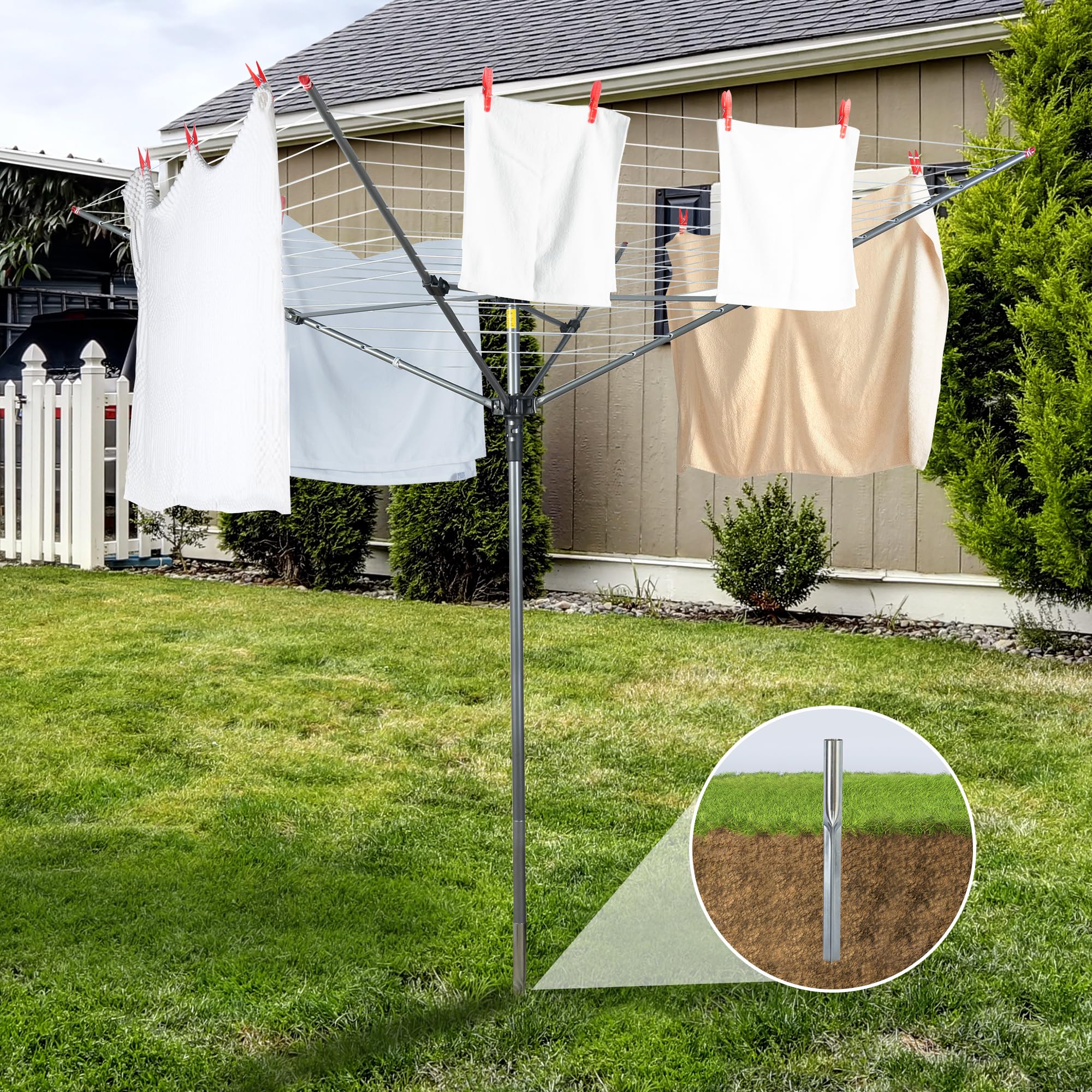 STO STO umbrella clothesline rotary drying span enables efficient multi-load air drying.